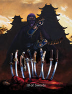 Card featuring a character with multiple swords and a silhouette of a building in the background
