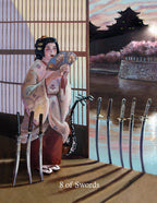 Card featuring a woman in traditional attire with swords and a scenic background