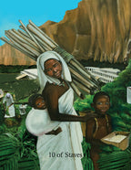 Artistic depiction of a woman carrying staves with a child on her back, set against a mountainous landscape.