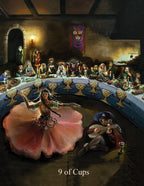 Card from a tarot deck with a scene of a woman in a pink dress dancing in a room with people and a banner.