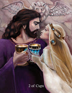 Two people holding cups with '2 of Cups' text, surrounded by angelic figures.
