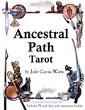 Cover of 'Ancestral Path Tarot' by Julie Cuccia-Watts with tarot card symbols and U.S. Games Systems, Inc. branding.