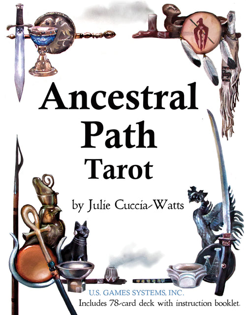 Cover of 'Ancestral Path Tarot' by Julie Cuccia-Watts with tarot card symbols and U.S. Games Systems, Inc. branding.