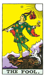 Tarot card titled 'The Fool' with a person in a colorful outfit against a yellow background.