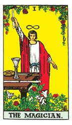 Tarot card featuring 'The Magician' with a person in red robes holding a staff against a yellow background.