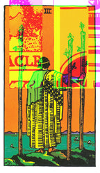 Colorful artwork of a figure standing between two trees with abstract elements in the background.
