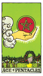 Ace of Pentacles tarot card with a hand holding a pentacle symbol on a green background