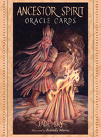 Cover of 'Ancestor Spirit Oracle Cards' with a figure by a fire and text.