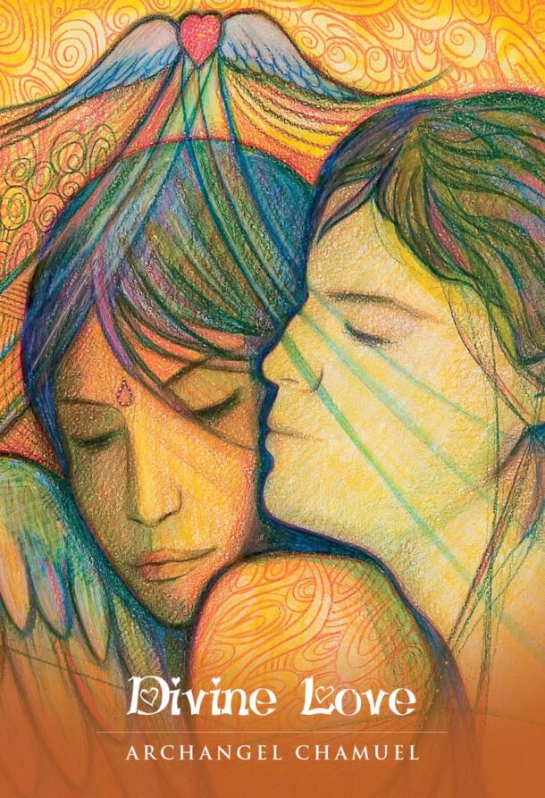 Colorful illustration of two faces with 'Divine Love' and 'Archangel Chamuel' text.