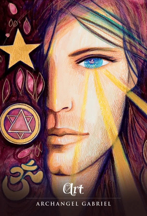 A stylized portrait artwork of a face with a blue eye, rendered in warm beige and brown tones with yellow light rays, surrounded by symbolic graphics including a gold star, pink teardrop shapes, and a circular emblem. The text 'Art ARCHANGEL GABRIEL' appears at the bottom.