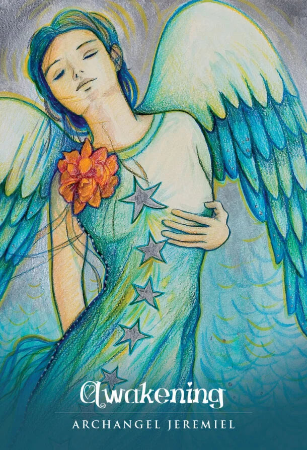 Illustration of an angel with wings and a flower, titled 'Awakening Archangel Jeremiel'.