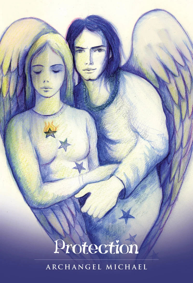Illustrated cover art for 'Protection' by Archangel Michael, showing two winged angels embracing, rendered in soft blue, purple, and cream tones with star details and a purple gradient background.