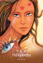 Illustrated book cover for 'Prosperity' by Sachiel, featuring a stylized portrait of a woman with red stars on her forehead, a large eye motif on her shoulder, and warm golden-orange tones.