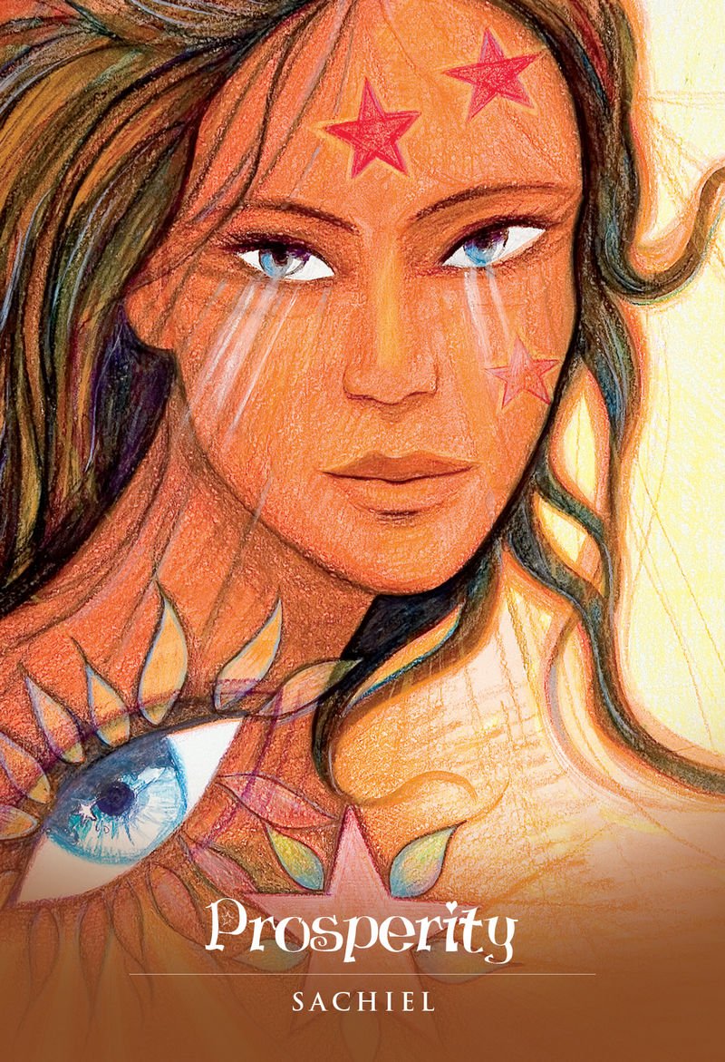 Illustrated book cover for 'Prosperity' by Sachiel, featuring a stylized portrait of a woman with red stars on her forehead, a large eye motif on her shoulder, and warm golden-orange tones.