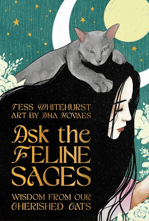 Book cover of 'Ask the Feline Sages' with a cat and woman illustration.