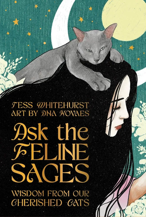 Book cover of 'Ask the Feline Sages' with a cat and woman illustration.