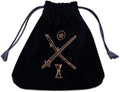 Black drawstring bag with crossed sword and hourglass design on a white background