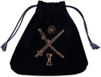 Black drawstring bag with crossed sword and hourglass design on a white background