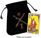 Black drawstring bag with tarot card symbols and a tarot card next to it on a white background