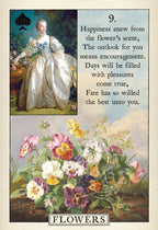 Vintage-style card with a woman in a white dress and a bouquet of flowers, featuring text and a spade symbol.