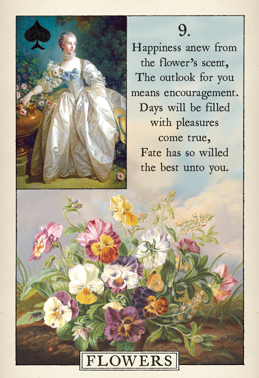 Vintage-style card with a woman in a white dress and a bouquet of flowers, featuring text and a spade symbol.