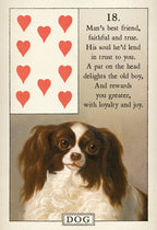 Vintage-style illustration of a dog with hearts and text on a beige background