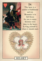 Vintage-style card with a portrait of a child, decorative heart, and text about the heart symbol.