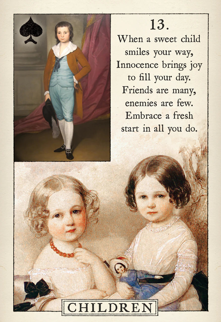 Vintage-style card with two children and a quote about innocence and friendship.