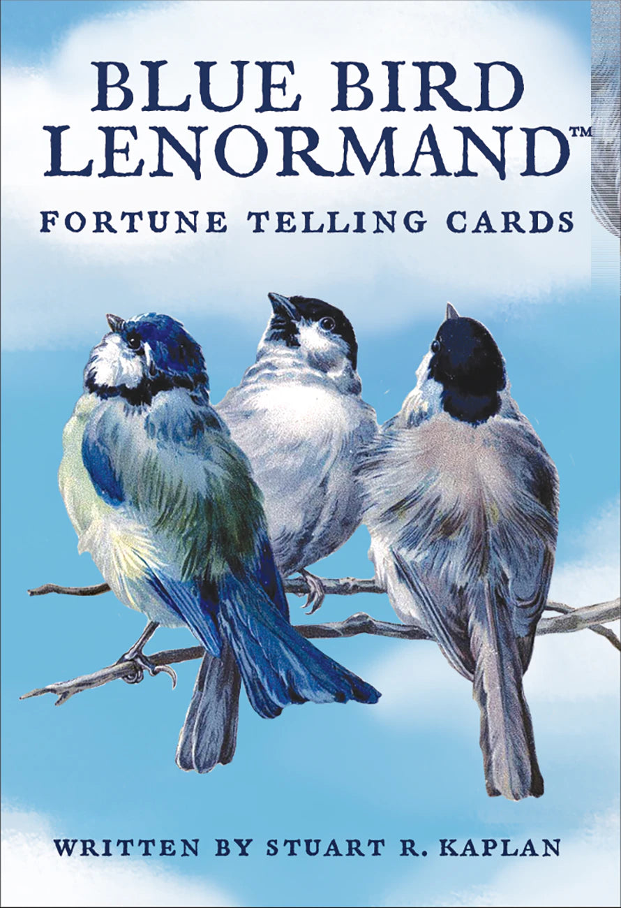 Book cover of 'Blue Bird Lenormand Fortune Telling Cards' with illustrations of birds on a branch against a blue sky.