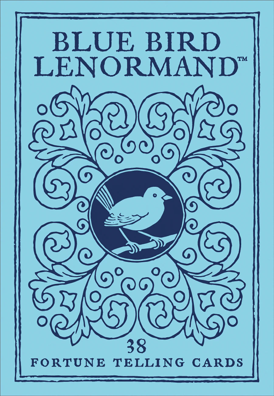 Blue Bird Lenormand card deck cover with decorative elements and bird illustration on a blue background