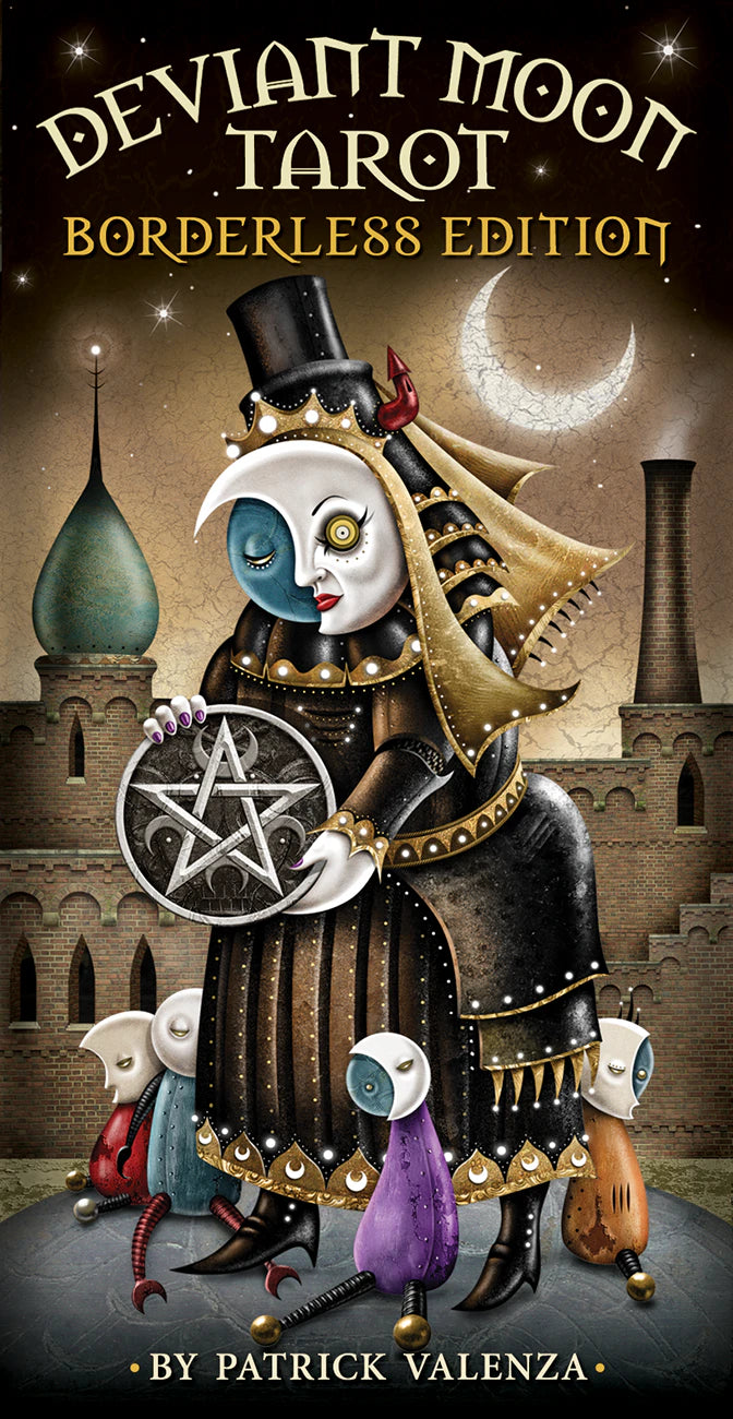 Cover of 'Deviant Moon Tarot Borderless Edition' by Patrick Valenza with a stylized figure holding a pentacle symbol.