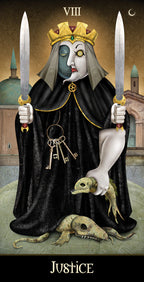 Tarot card featuring a figure holding two swords with a building in the background