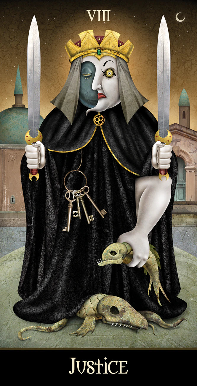 Tarot card featuring a figure holding two swords with a building in the background