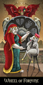 Artistic depiction of 'Wheel of Fortune' tarot card with a fortune teller and seated figure.