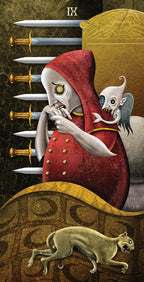 Artistic depiction of a hooded figure with a creature, surrounded by swords and a panther, on a dark background.