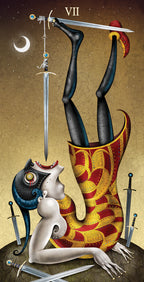 Artistic depiction of a figure with a sword, a cup, and a crescent moon on a brown background.