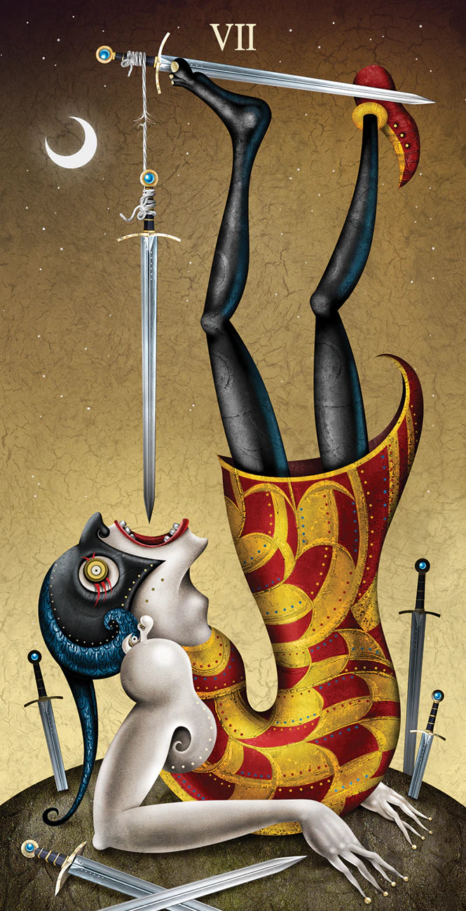 Artistic depiction of a figure with a sword, a cup, and a crescent moon on a brown background.