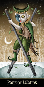 Fairy-like character holding wands with a mystical background, labeled 'Page of Wands'.