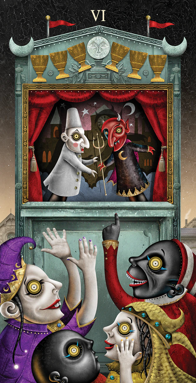 Artistic depiction of a theater stage with puppeteers and marionettes, featuring a dark and whimsical style.