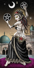 Artistic depiction of a figure with astrological symbols and a building in the background