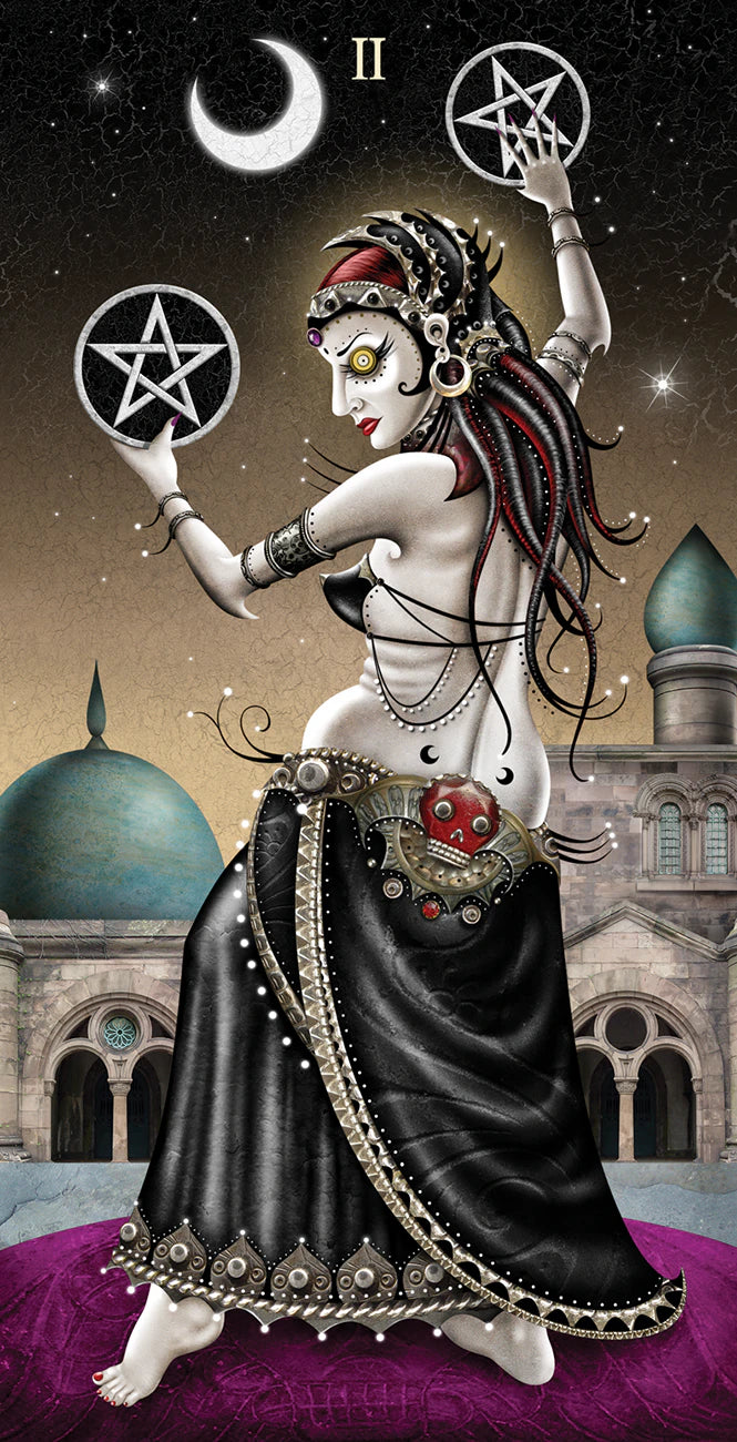 Artistic depiction of a figure with astrological symbols and a building in the background