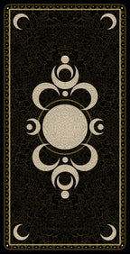 Decorative card with central emblem and crescent moon symbols on a textured black background
