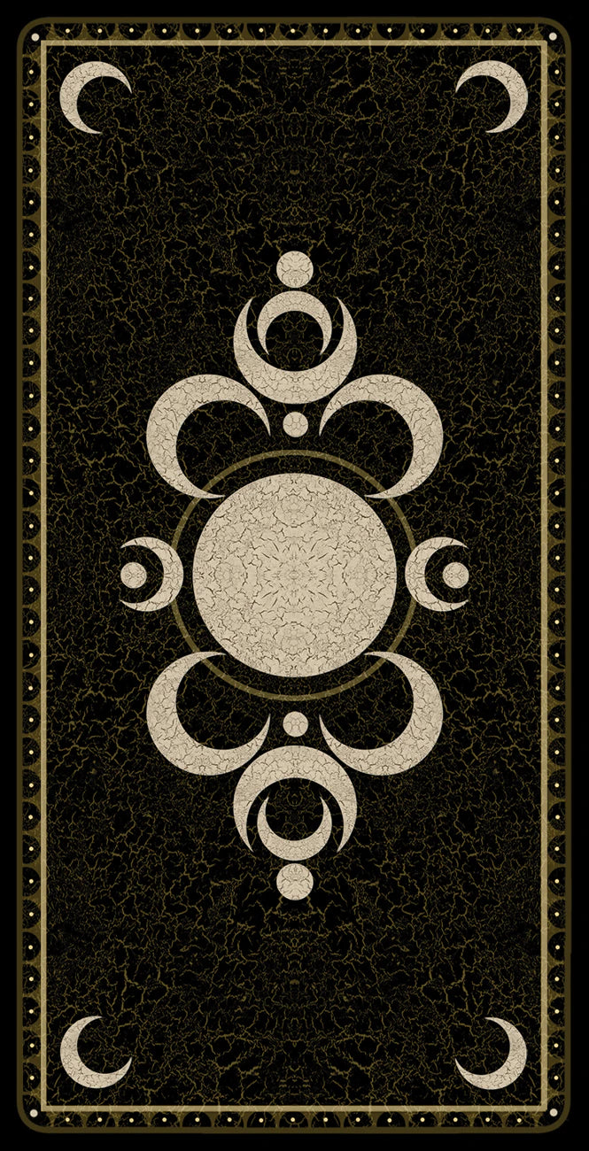Decorative card with central emblem and crescent moon symbols on a textured black background