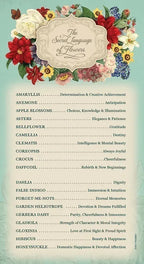Floral-themed card with the 'Secret Language of Flowers' and corresponding meanings on a light blue background.