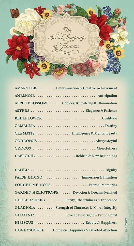 Floral-themed card with the 'Secret Language of Flowers' and corresponding meanings on a light blue background.