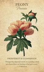 Vintage-style illustration of peony flowers with text on a beige background