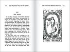 Open book showing pages from 'The Pictorial Key to the Tarot' with a tarot card illustration on the right.