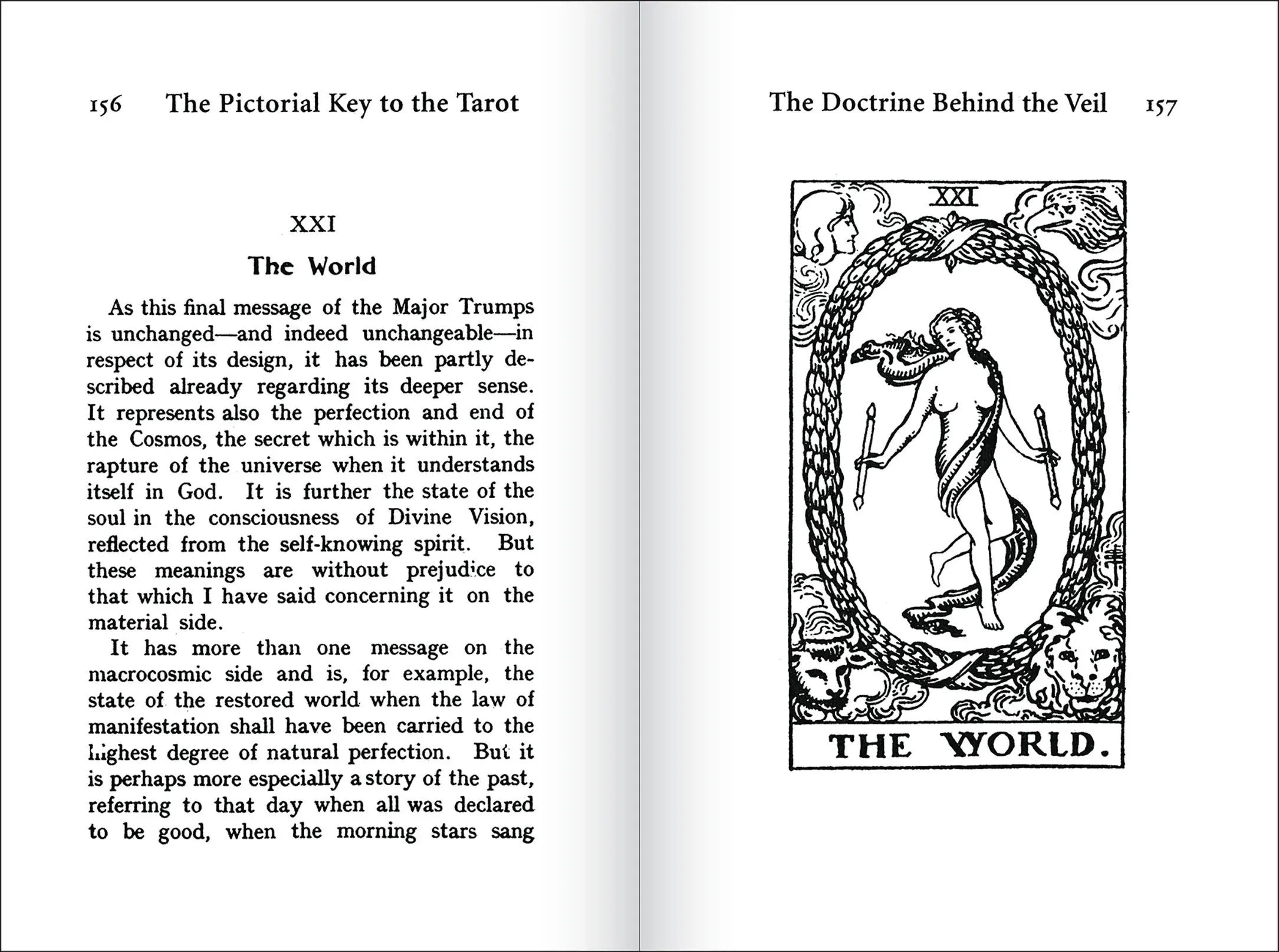 Open book showing pages from 'The Pictorial Key to the Tarot' with a tarot card illustration on the right.