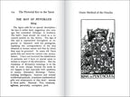 Open book with text and a black and white illustration of a tarot card titled 'King of Pentacles'.