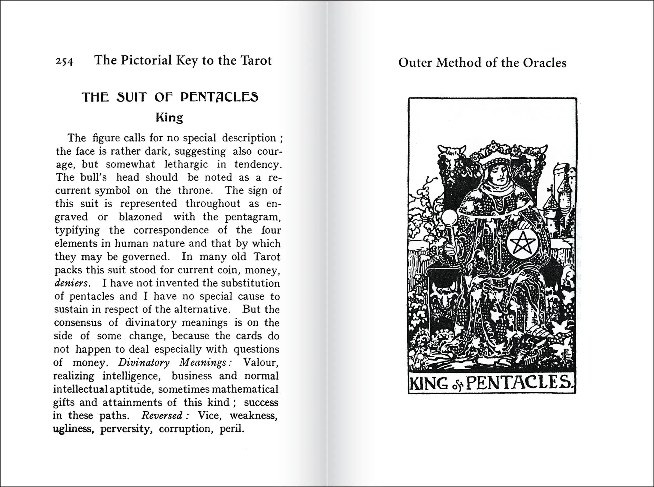 Open book with text and a black and white illustration of a tarot card titled 'King of Pentacles'.